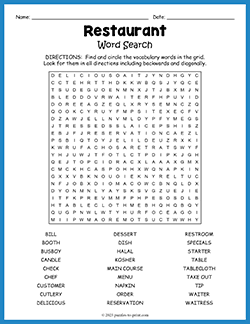Free printable Restaurant Word Search puzzle worksheet