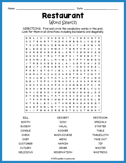 Restaurant Word Search