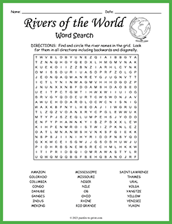 Free printable Rivers of the World Word Search puzzle worksheet