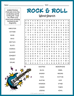 Free printable rock and roll word search puzzle worksheet