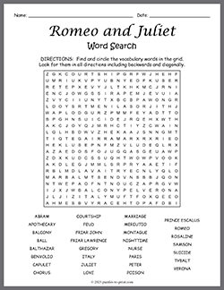 Free printable Romeo and Juliet Word Search puzzle worksheet