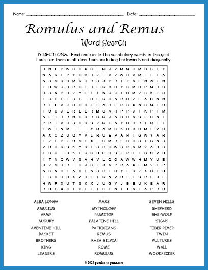 Romulus and Remus Word Search