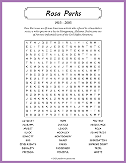Free printable Rosa Parks Word Search puzzle worksheet