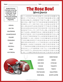 Free printable Rose Bowl Word Search puzzle worksheet