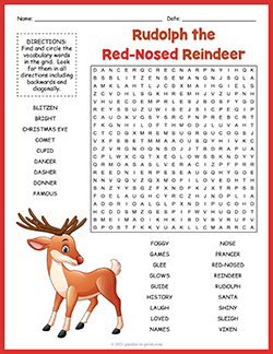 Free printable Rudolph the Red Nosed Reindeer Word Search puzzle worksheet