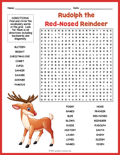 sund fornuft Suradam Montgomery Rudolph the Red Nosed Reindeer Word Search