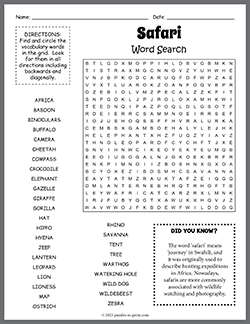 Free printable African Safari Word Search puzzle worksheet