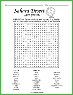 Free printable Sahara Desert Word Search puzzle worksheet