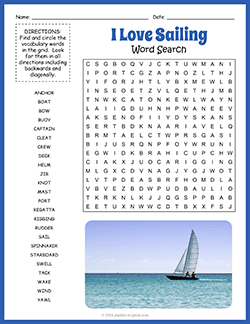 Free printable Sailing Word Search puzzle worksheet