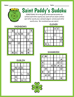 Free printable Saint Patrick's Day Sudoku puzzle worksheet