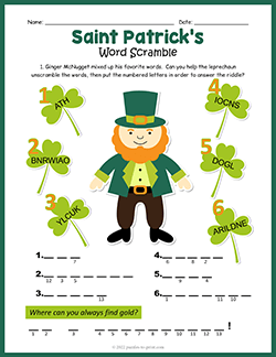 Free printable Saint Patrick's Day Word Scramble puzzle worksheet