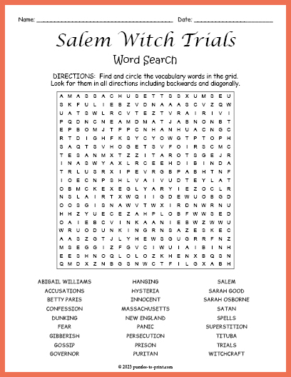 Salem Witch Trials Word Search