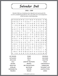Free printable Salvador Dali Word Search puzzle worksheet