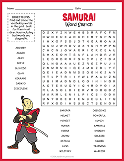 Free printable Samurai Word Search puzzle worksheet