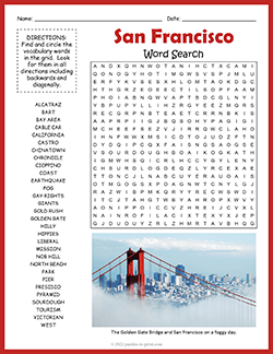 Free printable San Francisco Word Search puzzle worksheet