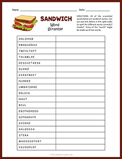 Free printable Sandwiches Word Scramble puzzle worksheet