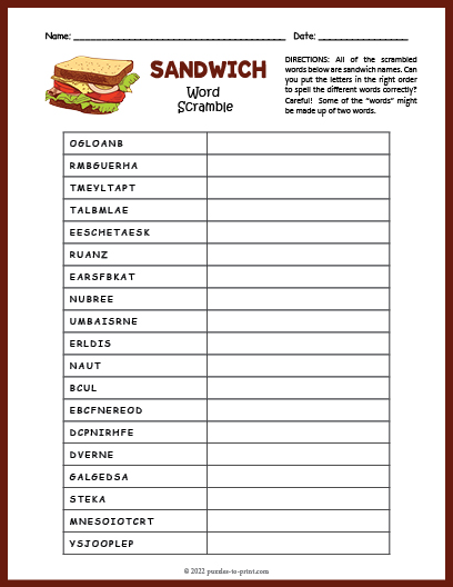 Sandwiches Word Scramble