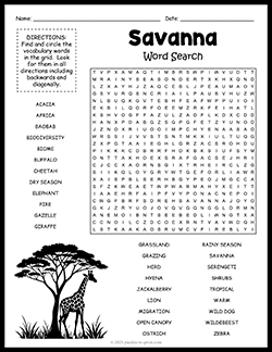 Free printable Savanna Word Search puzzle worksheet