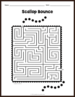 Free printable Scallop Bounce Maze puzzle worksheet