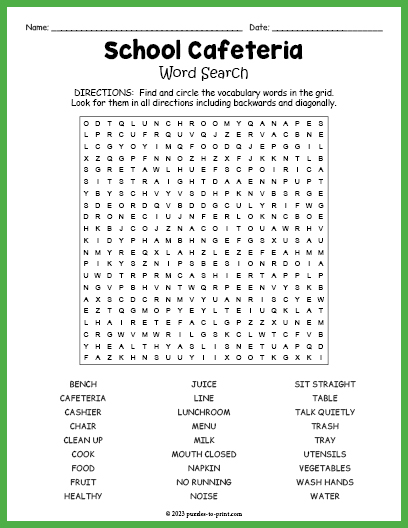 School Cafeteria Word Search