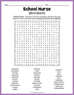 Free printable School Nurse Word Search puzzle worksheet
