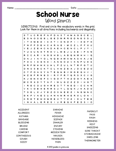 School Nurse Word Search