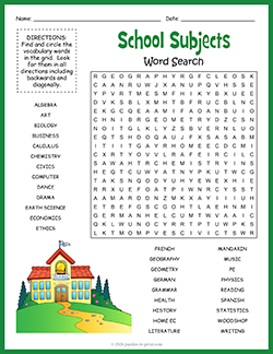 Free Printable School Subjects Word Search Puzzle Worksheet