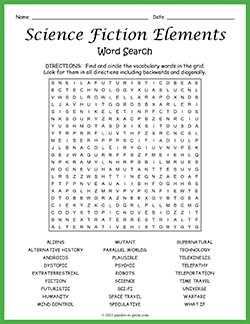 Free printable Science Fiction Elements Word Search puzzle worksheet