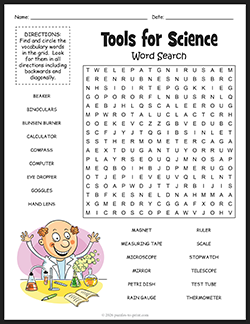 Free Printable Science Tools Word Search Puzzle Worksheet