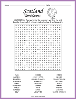 Free printable Scotland Word Search puzzle worksheet