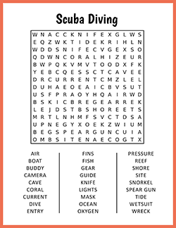 Free printable Scuba Diving Word Search puzzle worksheet