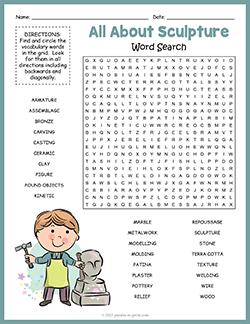 Free printable Sculpture Word Search puzzle worksheet