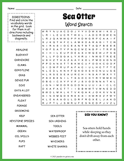 Free printable Sea Otter Word Search puzzle worksheet