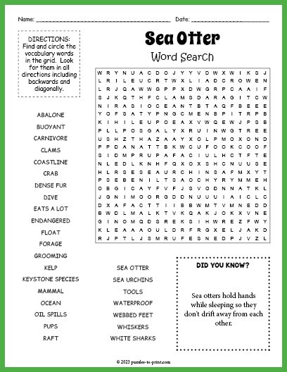 Sea Otter Word Search