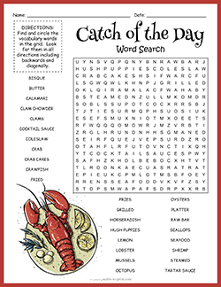 Free Printable Seafood Word Search Puzzle Worksheet