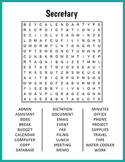 Free printable Secretary Word Search puzzle worksheet