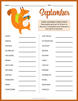Free Printable September Word Scramble Puzzle Worksheet