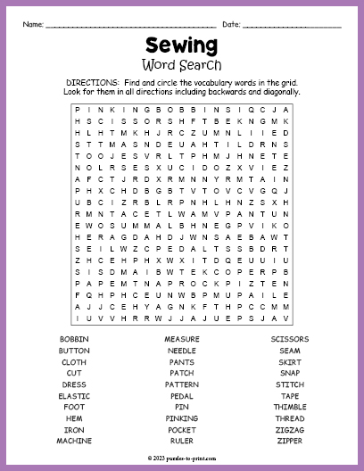 Sewing Word Search