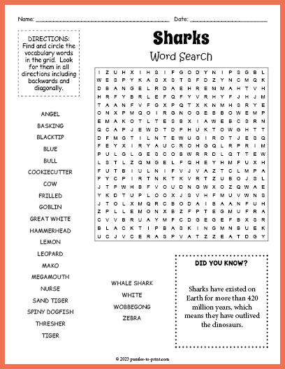 Sharks Word Search