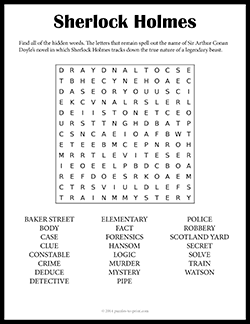 Free printable Sherlock Holmes Word Search puzzle worksheet