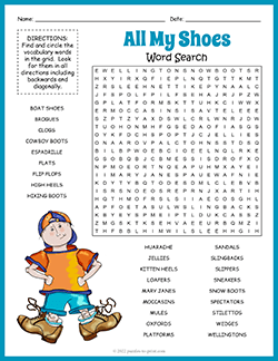 Free printable Types of Shoes Word Search puzzle worksheet