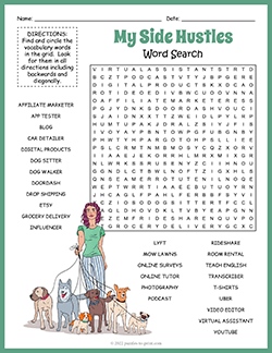 Free printable Side Hustles Word Search puzzle worksheet