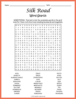 Free printable Silk Road Word Search puzzle worksheet