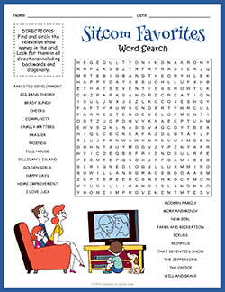 Free printable Sitcoms Word Search puzzle worksheet