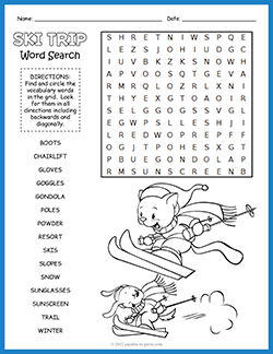 Free printable Ski Trip Word Search puzzle worksheet