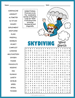 Free printable Skydiving Word Search puzzle worksheet