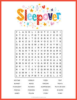 Free Printable Sleepover Word Search Puzzle Worksheet