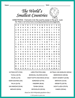 Free printable Smallest Countries Word Search puzzle worksheet