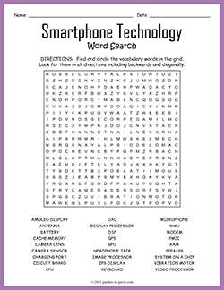 Free printable Smartphone Technology Word Search puzzle worksheet