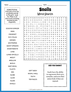 Free printable Snails Word Search puzzle worksheet